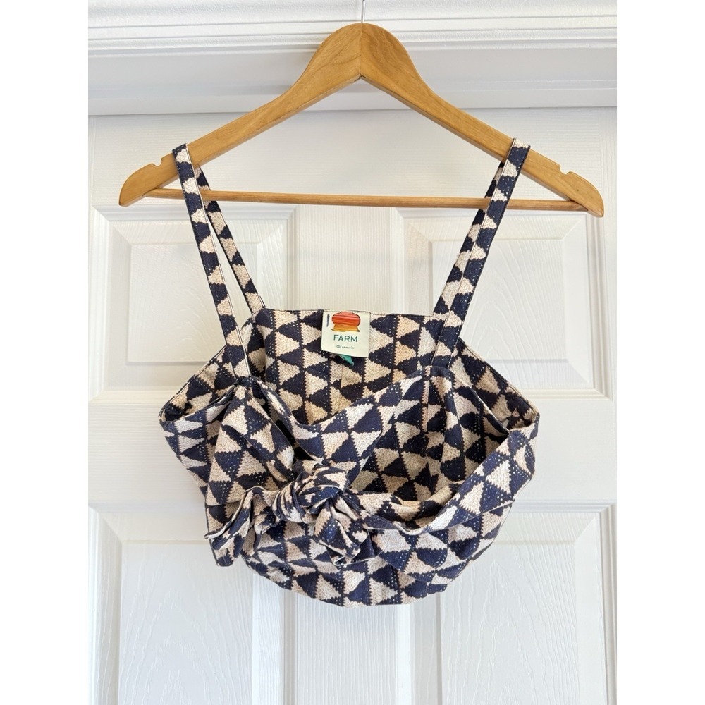 Farm Rio Crop Top Women Small Navy Blue Geometric Front Knot Tie Boho Strappy